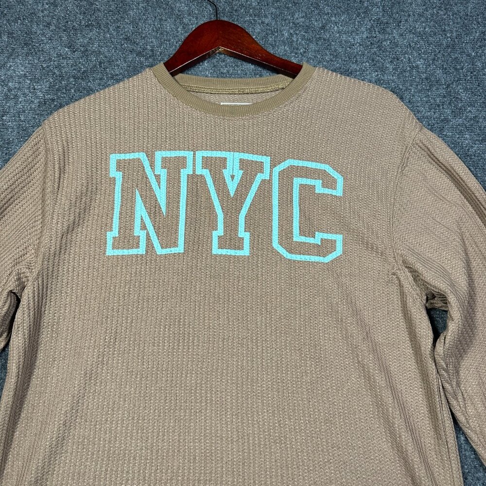Modern Lux Top Womens Small Tan Thermal Knit Tee NYC Graphic Long Sleeve Popover - Picture 3 of 6